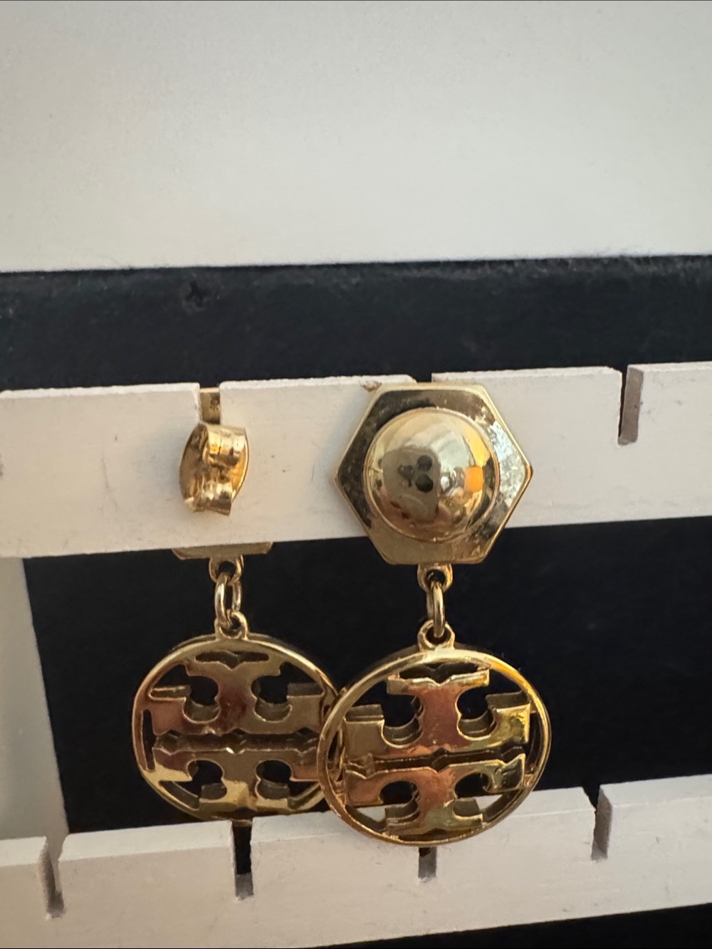 Tory Burch Gold Logo Drop Earrings - Picture 3 of 3